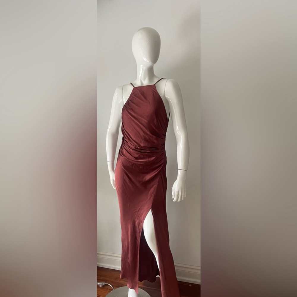 Shona Joy Thalia Gathered Bias Midi Dress Size 6 | Rust Satin Open Back Formal - Picture 2 of 8